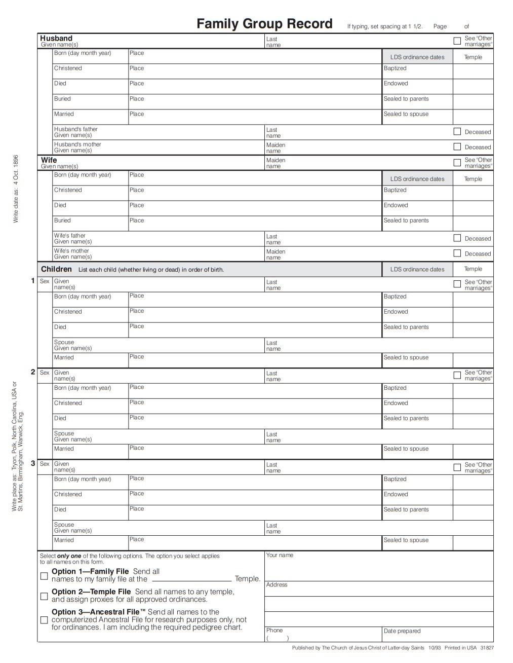 A group chart with spaces for family names and dates