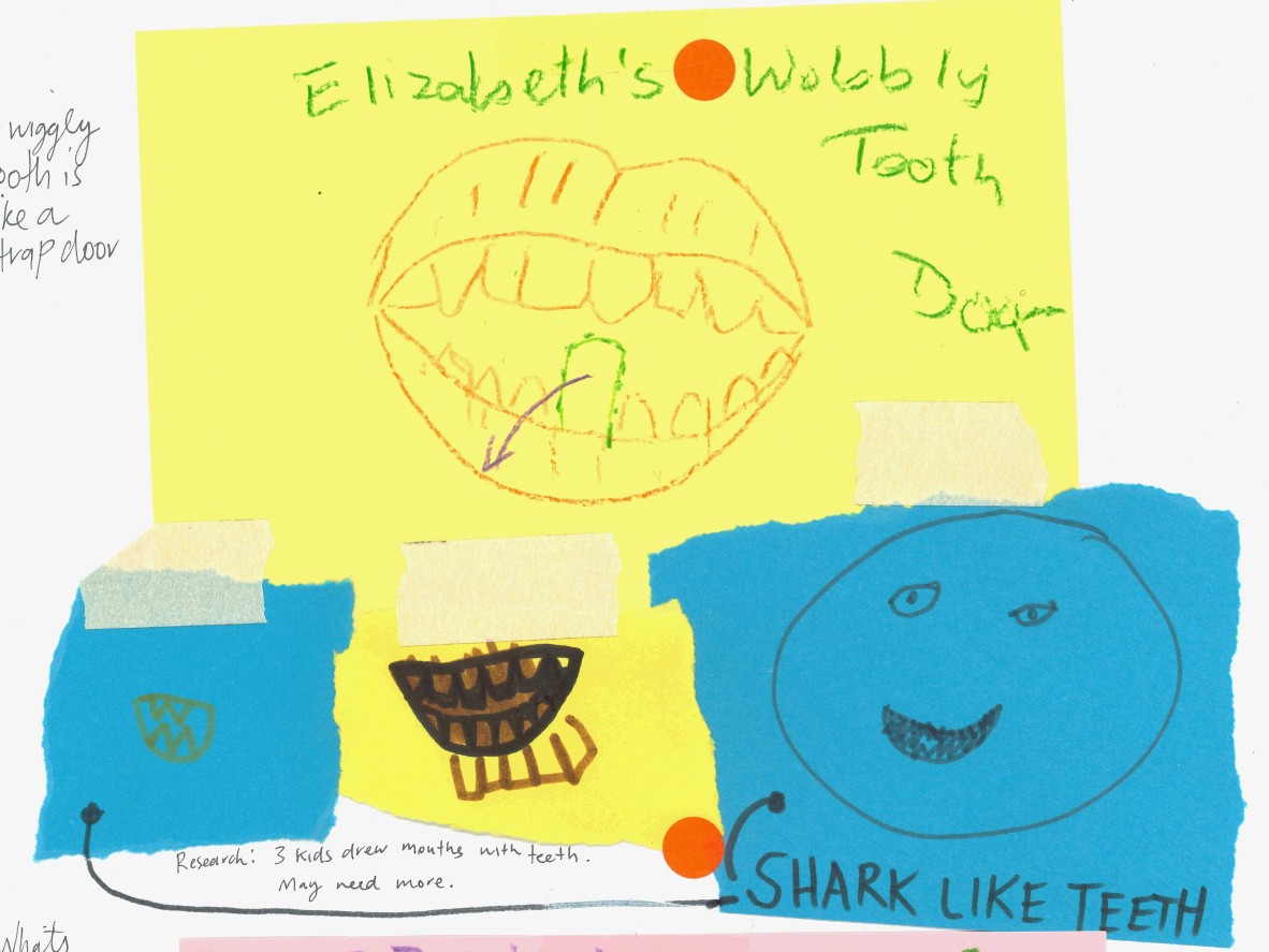 Childrens sketches of a mouth with teeth on yellow paper with blue paper on top with an image of a smiley face and writing shark like teeth for the Great and Grand Rumpus project