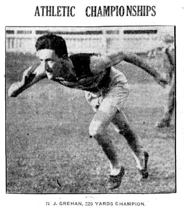 Newspaper photograph showing Norm Grehan running in the Athletic Championships