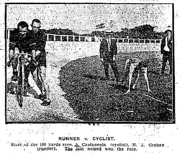 Newspaper photograph showing a runner competing with a cyclist
