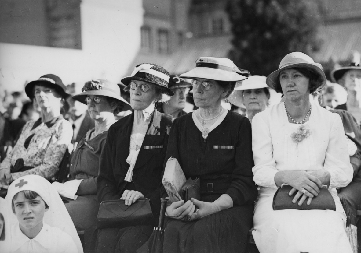 Black and white image of a group of women at the Anzac Day observance Shrine of Remembrance Anzac Square Brisbane 1937
