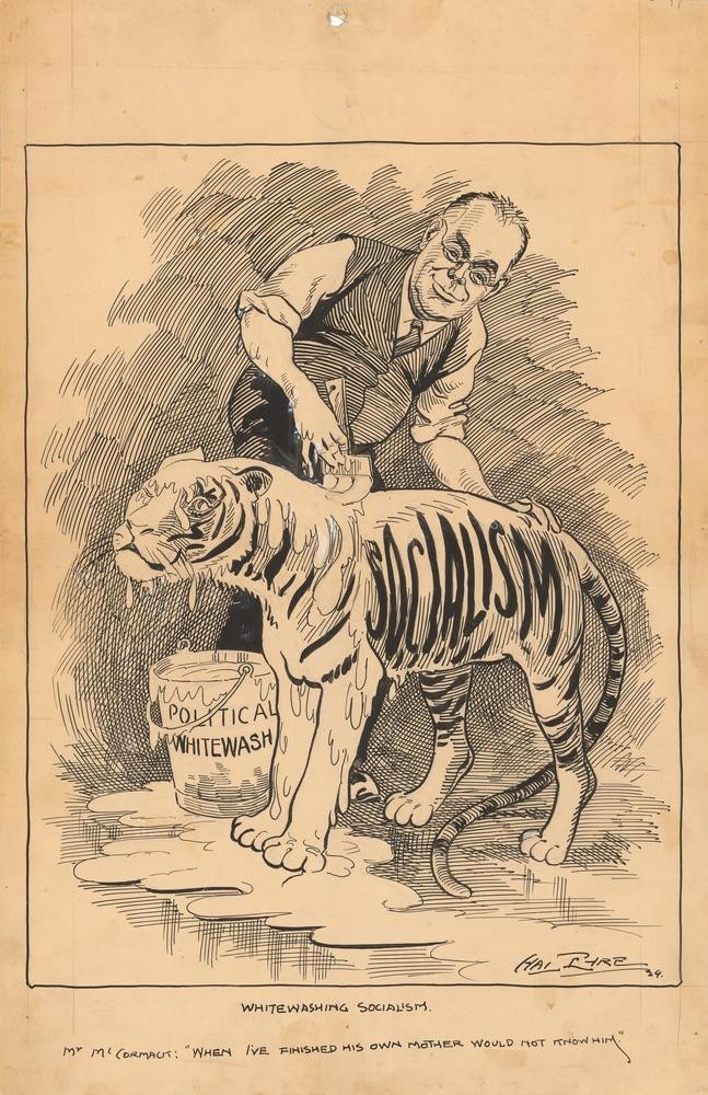 Drawing of a man painting a tiger labeled as "Socialism" with a bucket of white paint labeled "political whitewash"