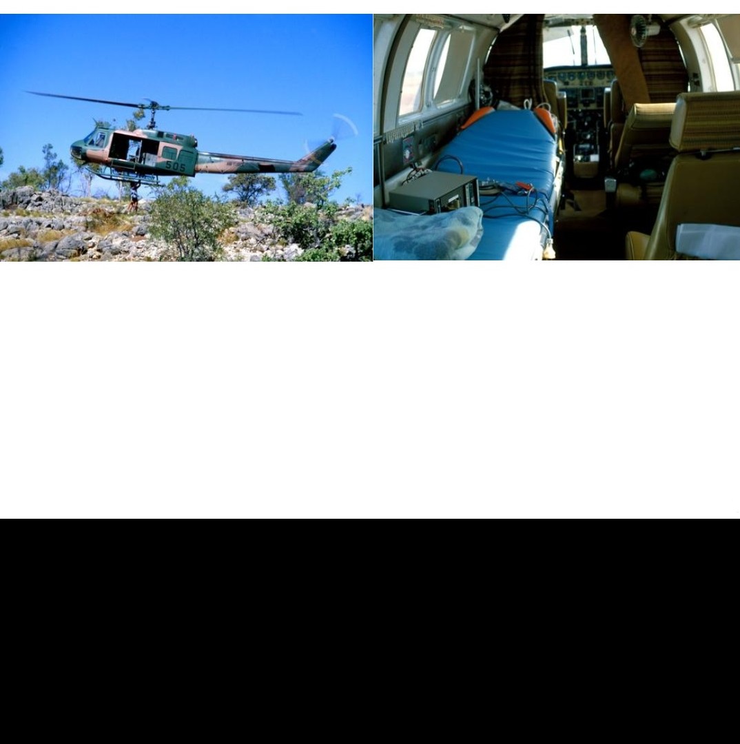 split image of an army helicopter collecting rocks and the inside of a Royal Flying Doctor aircraft 