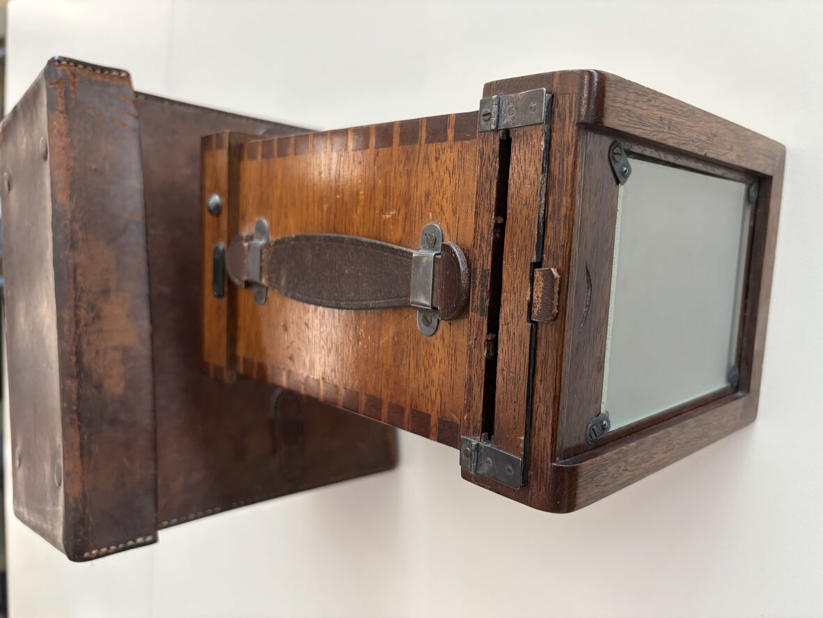 Harriett’s Maplewood camera and leather case, crafted by her engineer husband, Donald.
