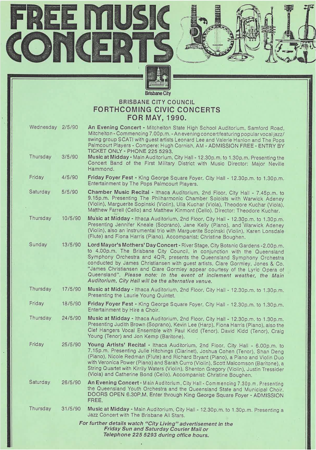 Brisbane City Council Forthcoming Civic Concerts for May, 1990. BCA1967. Brisbane City Archives. Brisbane City Council. Reproduced with permission.