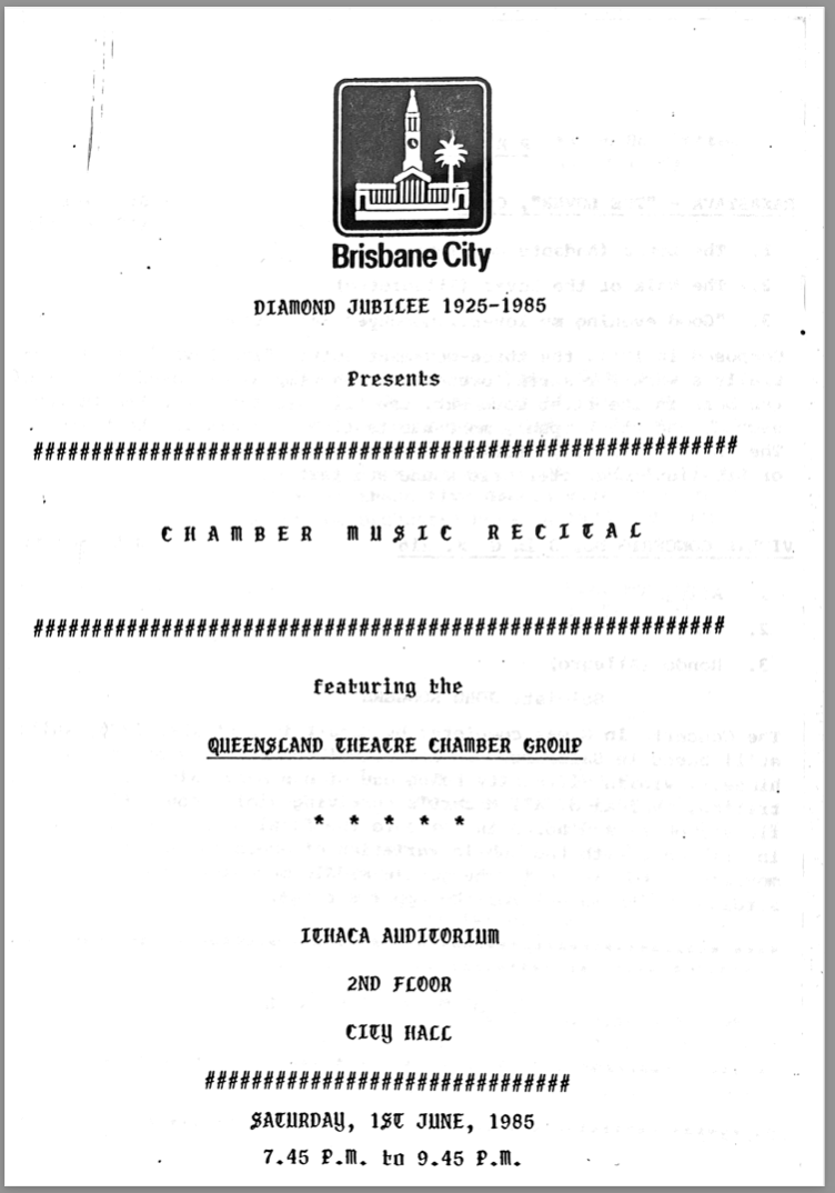 Brisbane City Council Chamber Music Recital program cover, 1 June 1985. 32654/46 Christina Boughen OAM and Robert Boughen OBE papers, John Oxley Library, State Library of Queensland. Reproduced with permission.