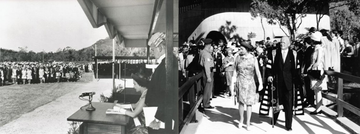 Left Her Majesty Queen Elizabeth II speaks to the official assembly James Cook University 20 April 1970   Right HRH Queen Elizabeth II with Sir Alan and Lady Mansfield 1970 James Cook University Townsville  