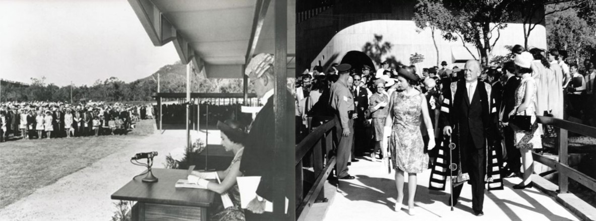 Left: Her Majesty Queen Elizabeth II speaks to the official assembly, James Cook University 20 April 1970. Right: HRH Queen Elizabeth II, with Sir Alan and Lady Mansfield, 1970 James Cook University, Townsville.