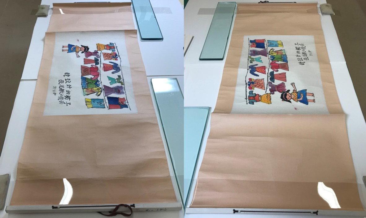 Before conservation two views in raking light angled across the artwork highlights damages to the artworks borders