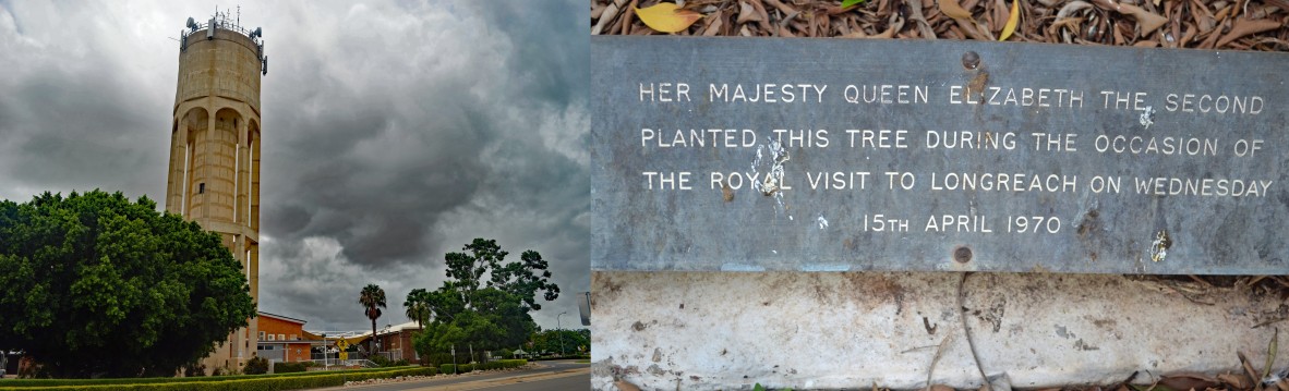 The Moreton Bay Fig Tree in Longreach, 2022 and the plaque marking the spot where HRH Queen Elizabeth II planted the tree in 1970. 