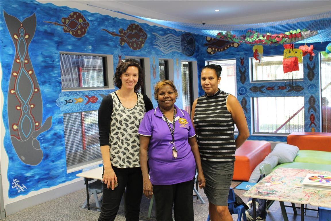 Three women in art room