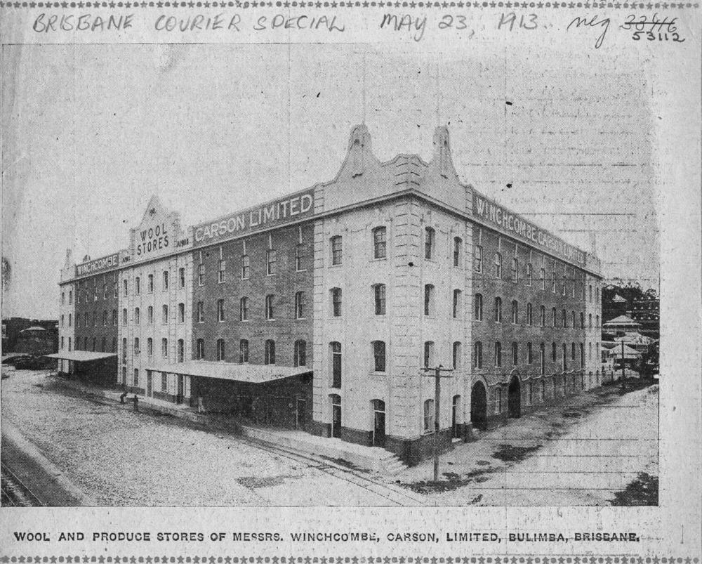 Winchcombe Carson Limited woolstores in Teneriffe, Brisbane, 1913. John Oxley Library, State Library of Queensland. Image 53112