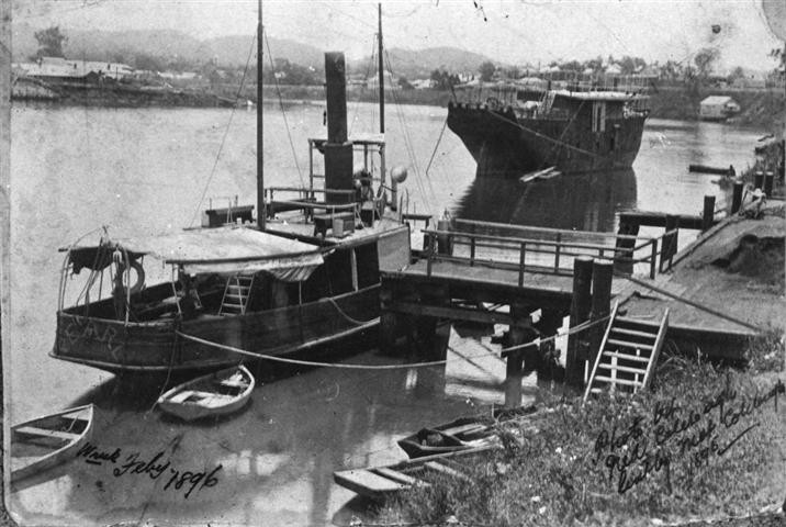 The steamer Pearl moored above the Victoria Bridge (second temporary structure ) in 1896. N.Colclough. John Oxley Library, State Library of Queensland. Negative number: 9320