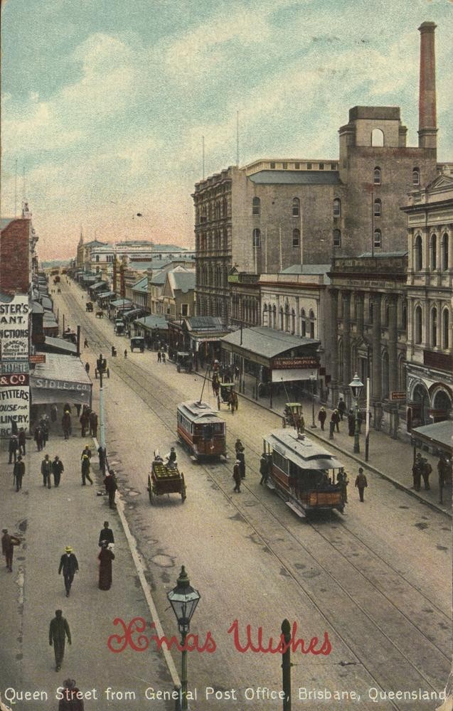 Christmas postcard featuring a coloured view of Queen Street, Brisbane, c.1908. State Library of Queensland. Negative number: 193118