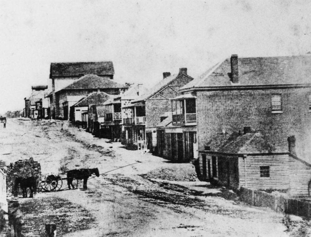 Early view of Queen Street, Brisbane, ca. 1859. State Library of Queensland. Negative number: 8298