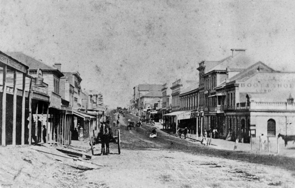 Queen Street, Brisbane, ca. 1868 - looking south from the corner of Edward Street. 