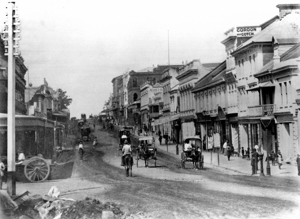 Queen Street from the corner of Edward Street looking south Brisbane 1883 State Library of Queensland Negative number 8767