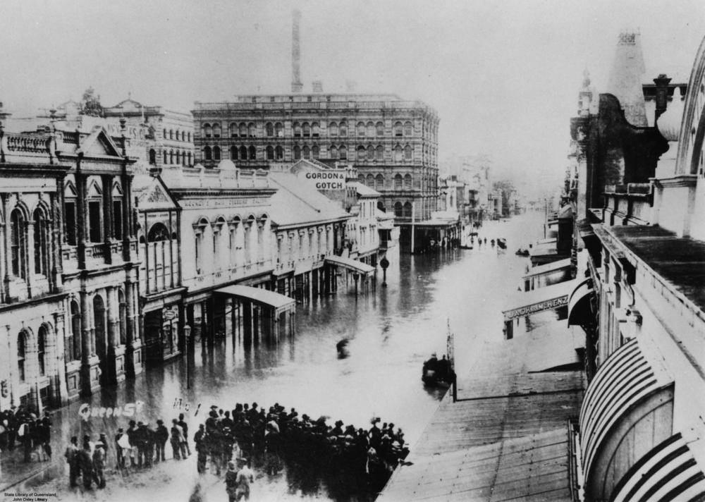 Queen Street Brisbane flooded in the 1893. State Library of Queensland. Negative number: 11185