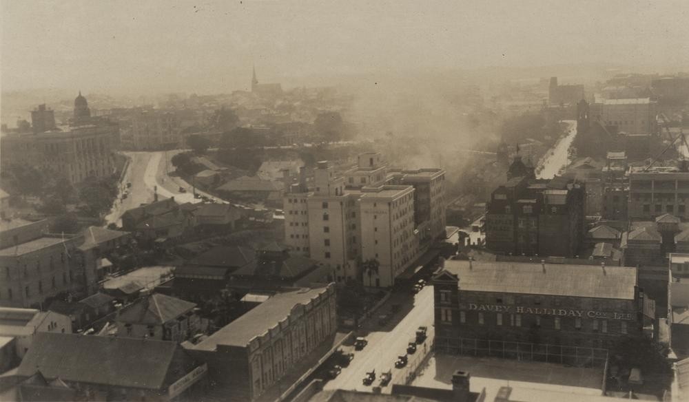 high up view of the canberra hotel in Brisbane city