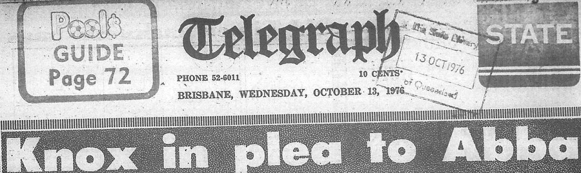 Front page of the Brisbane Telegraph newspaper 13 October 1976