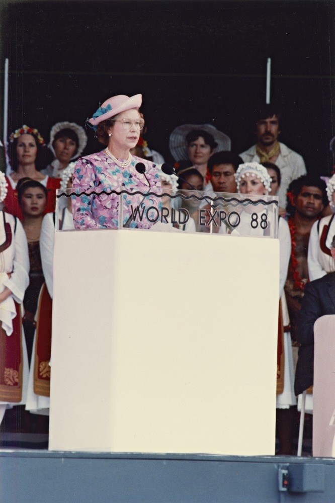 Queen Elizabeth II speaking at the opening of Expo '88 in South Bank