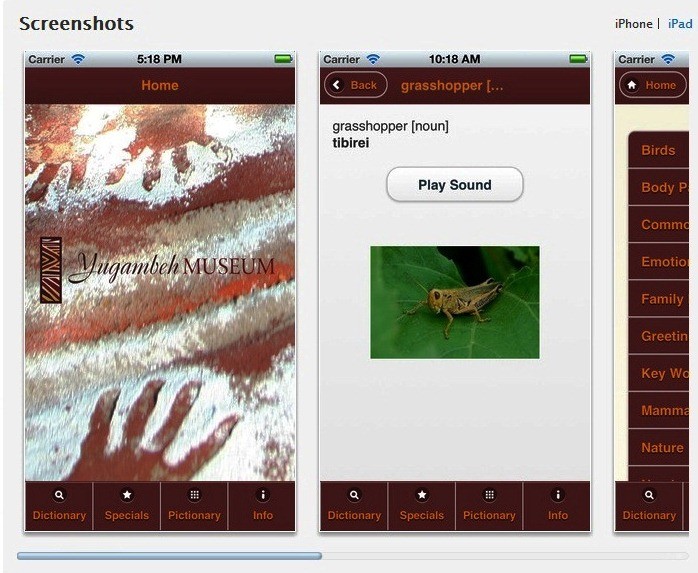Yugambeh Language App screenshot of homepage and translation of the word grasshopper