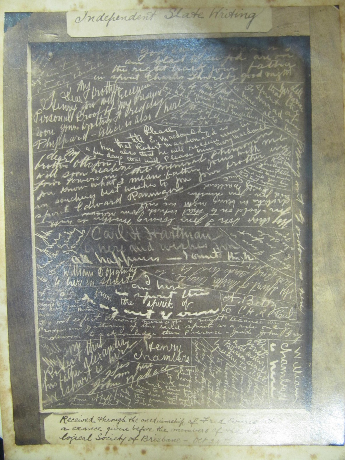 Photograph of spirit slate-writing which occurred during a séance in Brisbane on 24 October 1888.