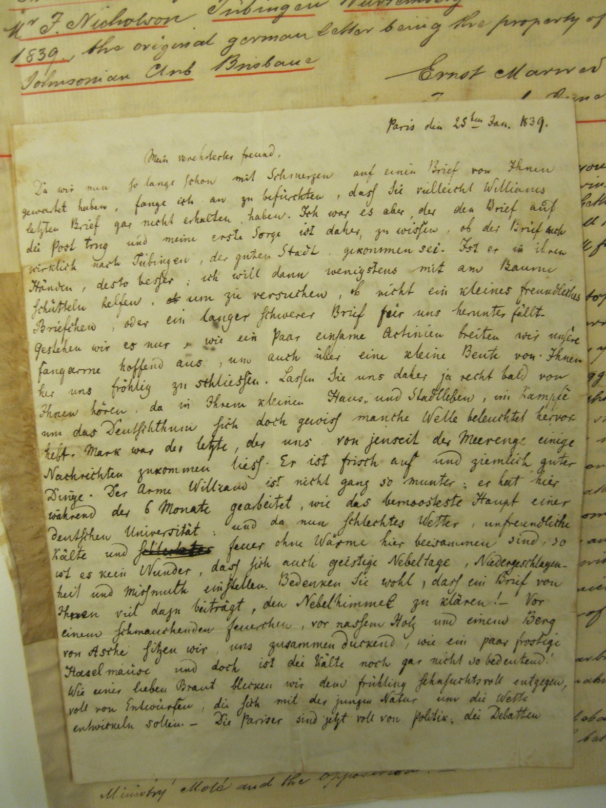 photo of a handwritten letter dated 1839
