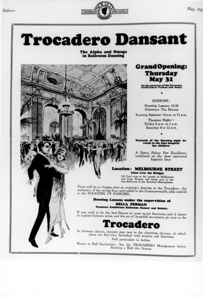 Advertisement for the Trocadero Dansant opening in Queensland Society Magazine