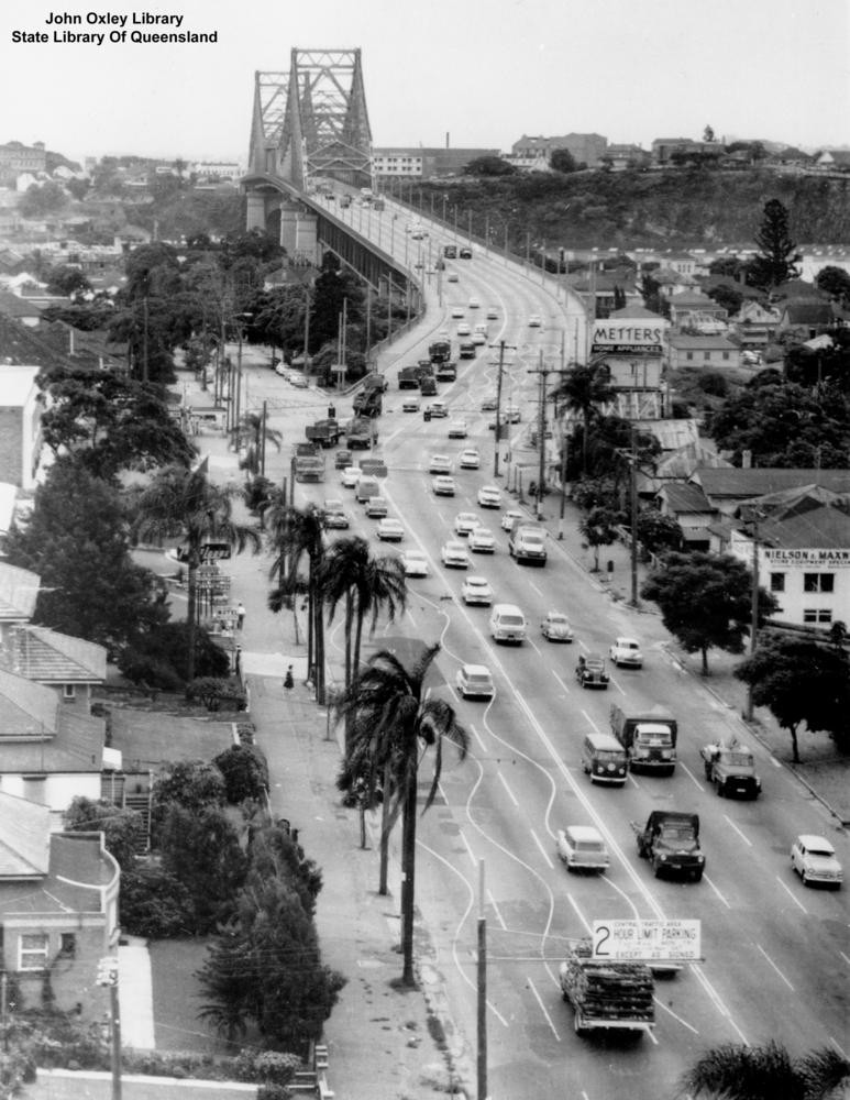 Aerial view of the Main Street approach to the Story Bridge Kangaroo Point 1963. (Image in copyright)