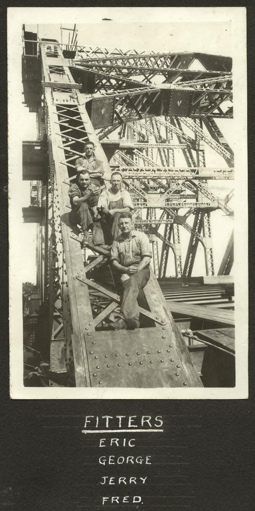 Bridge fitters posing on the framework of the Story Bridge, Brisbane, ca. 1939.