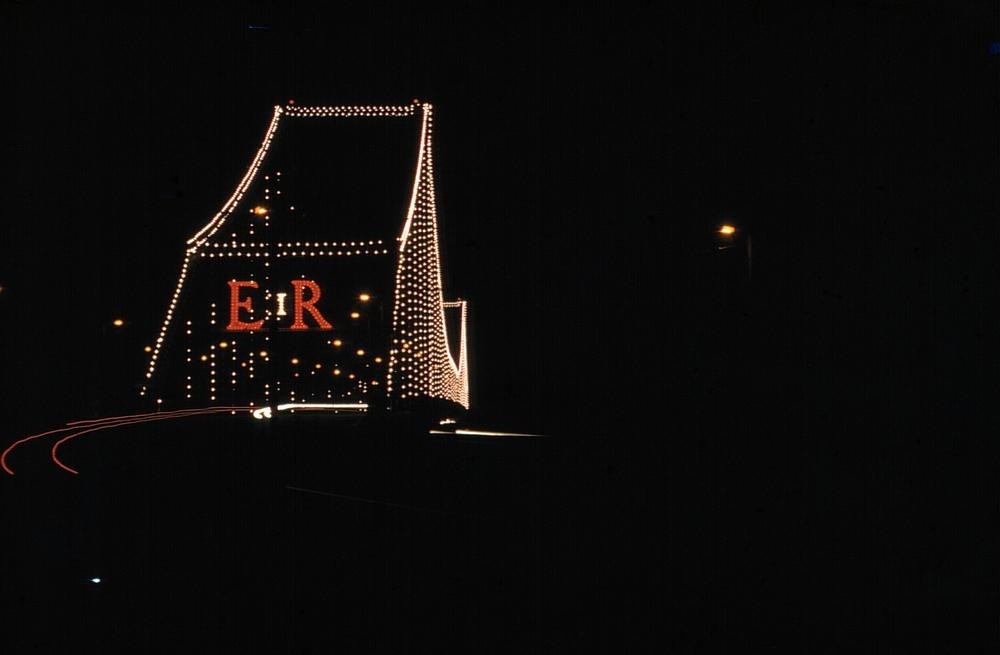Story Bridge lights for the royal visit of Queen Elizabeth II in 1954. (Image in copyright)