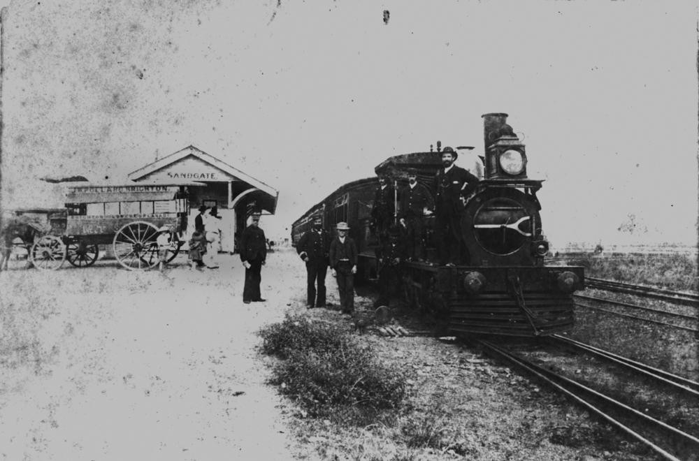 Train standing at the Sandgate Railway Station ca. 1888. Later became Shorncliffe Railway Station.