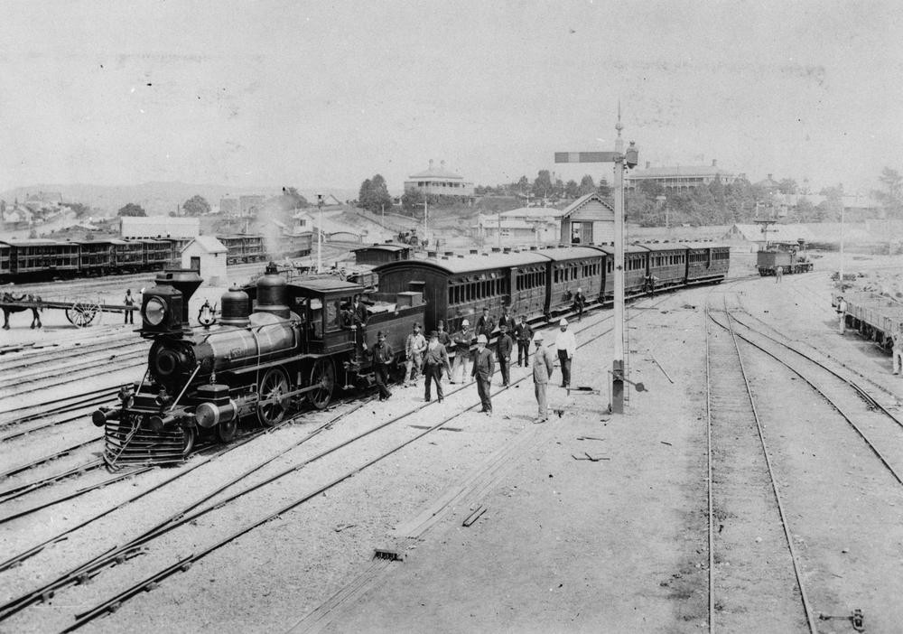 Train at Roma Street Station, Brisbane. ca. 1880-1890.