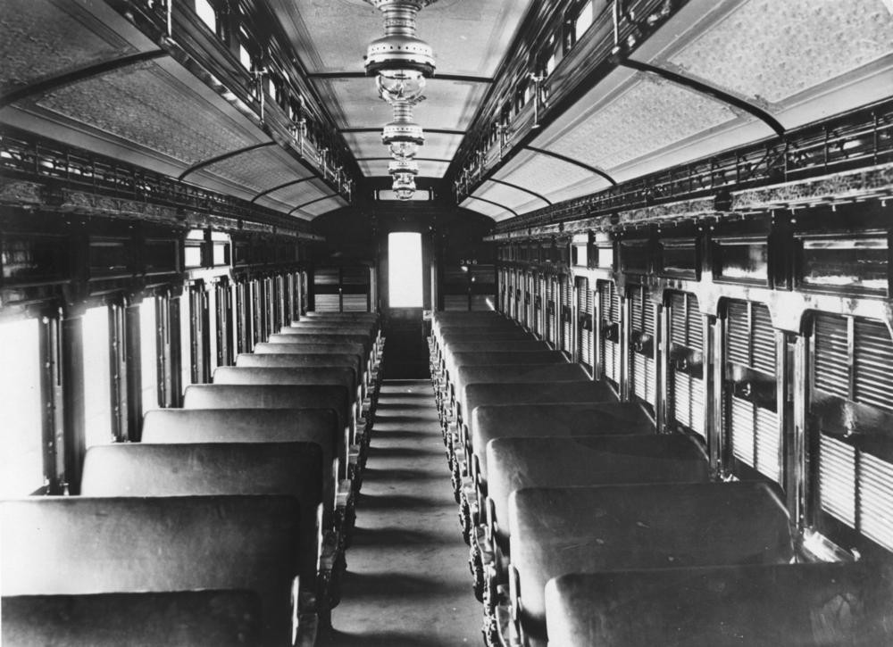 Interior view of first class suburban railway carriage ca 1905 