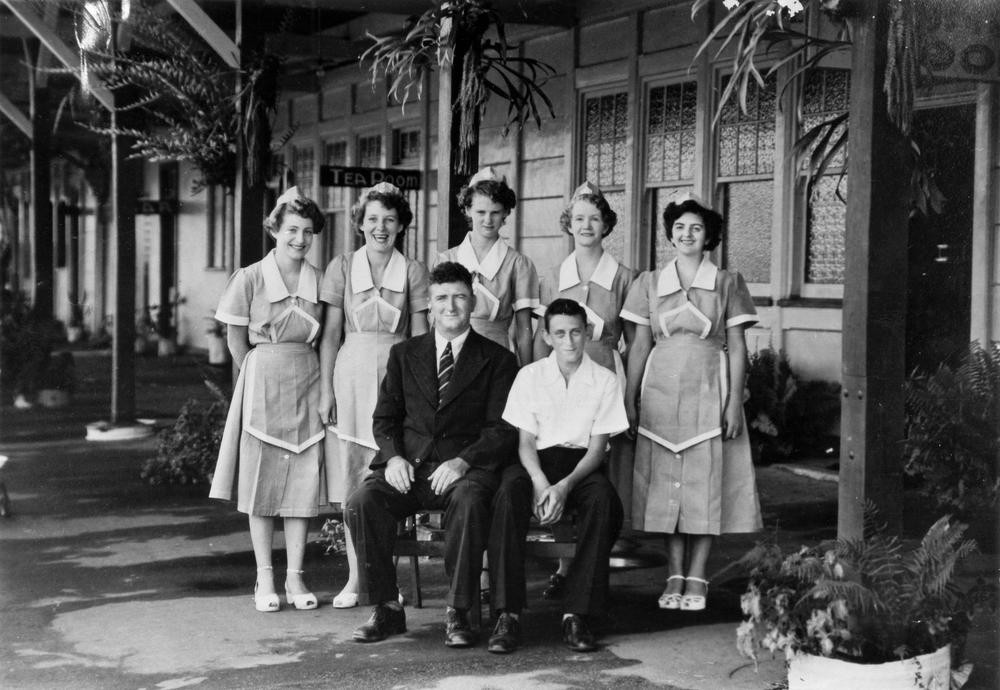 Staff on the platform at the Tully Railway Station ca. 1950.