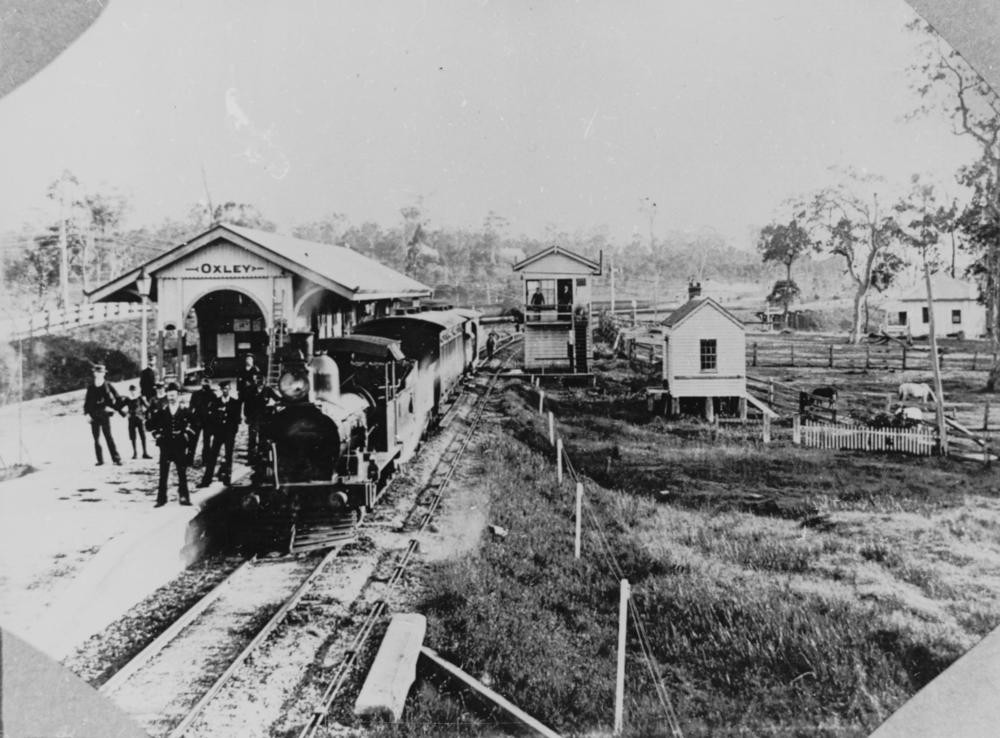 Steam engine at Oxley Railway Station Brisbane 1876