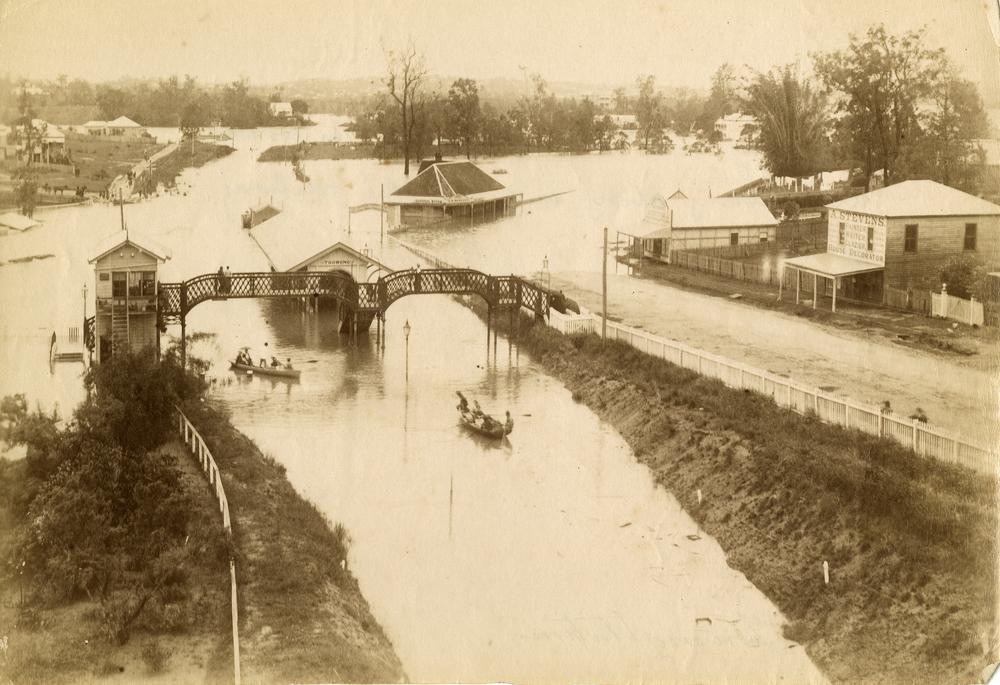 Toowong Railway Station during the 1893 flood in Brisbane, Queensland, 1893. 