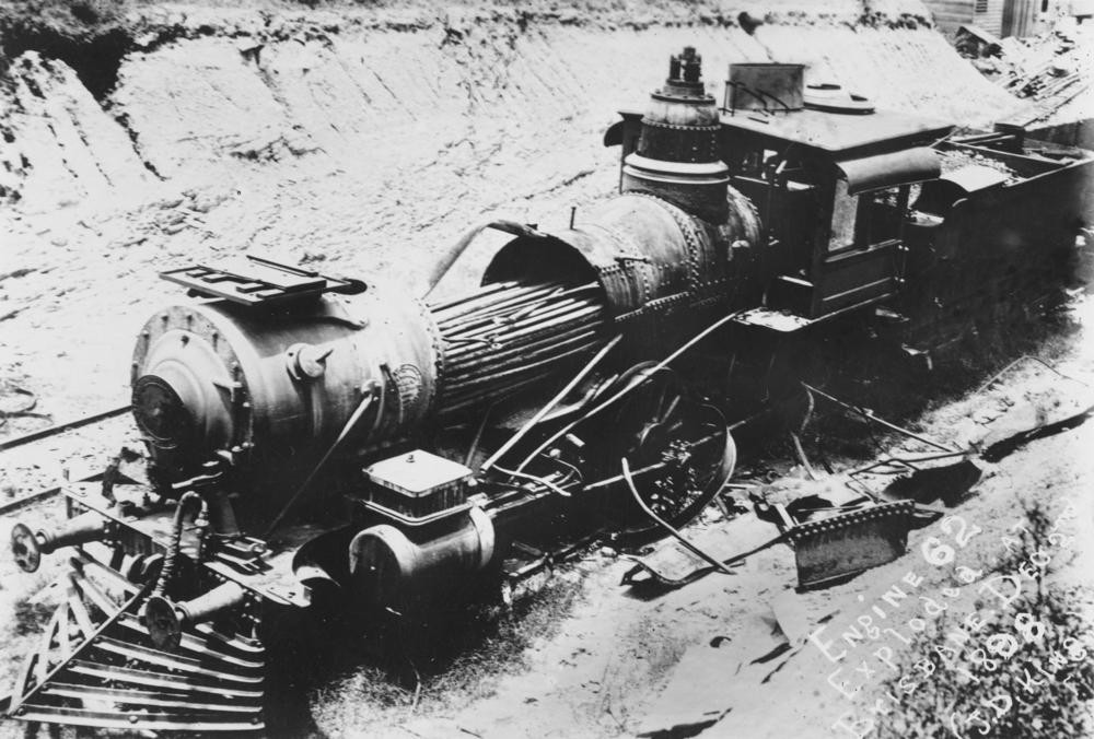 Wrecked steam locomotive after its boiler exploded Brisbane 1898