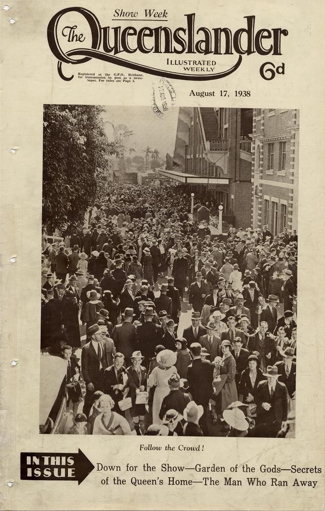 Illustrated front cover from The Queenslander, August 17 1938. John Oxley Library, State Library of Queensland. Image 702692-19380817-s001b