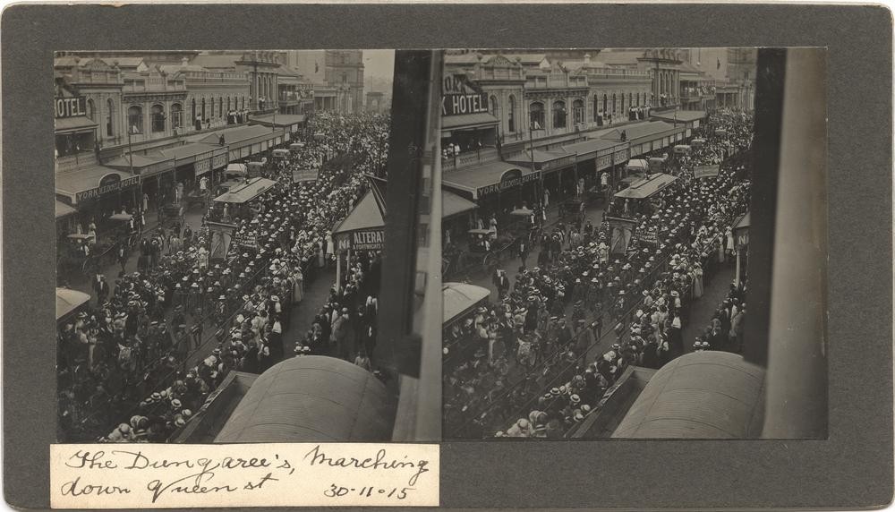 Dungarees marching down Queen Street Brisbane 1915 John Oxley Library State Library of Queensland Image 7729-0001-0041