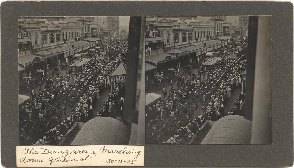 Dungarees marching down Queen Street, Brisbane 1915. John Oxley Library, State Library of Queensland. Image 7729-0001-0041