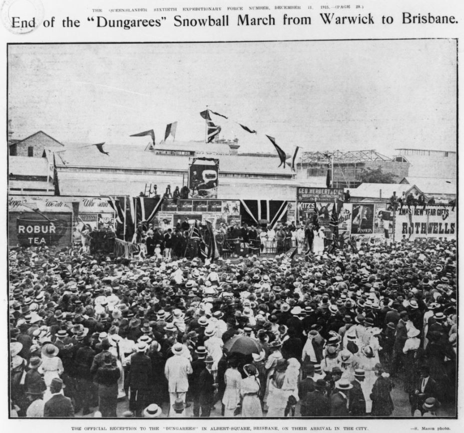 Official welcome to the Dungarees in Albert Square, Brisbane, Queensland, 1915. John Oxley Library, State Library of Queensland. Neg 157075
