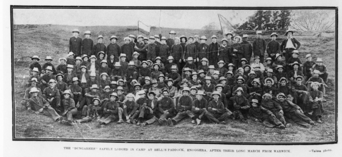 Dungarees resting at Bell's paddock, Enoggera after the long march. John Oxley Library, State Library of Queensland. Neg 157075