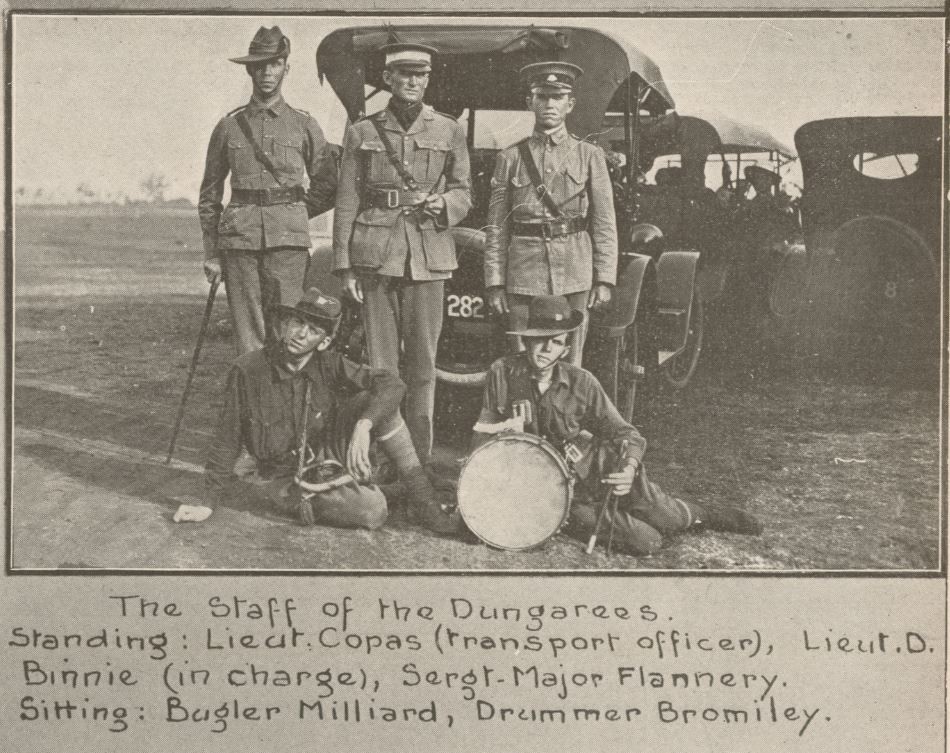 "The Staff of the Dungarees - Standing: Lieut. Copas (transport officer), Lieut. D. Binnie (in charge), Sergt-Major Flannery. Sitting: Bugler Milliard, Drummer Bromiley." John Oxley Library, State Library of Queensland. Image 702692-19151127-0021