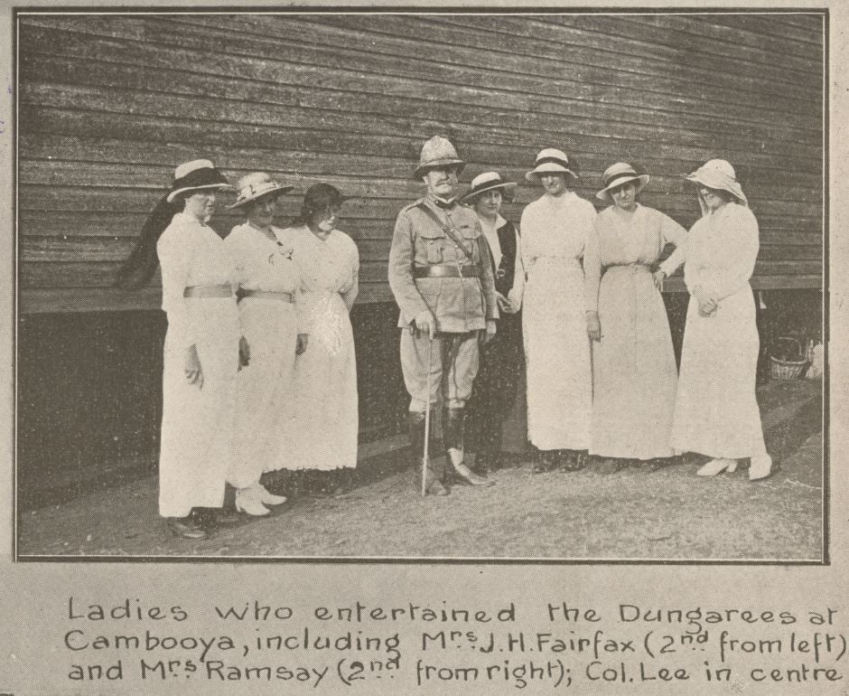 Ladies who entertained the Dungarees at Cambooya including Mrs JH Fairfac 2nd from left and Mrs Ramsay 2nd from right Col Lee in centre John Oxley Library State Library of Queensland Image 702692-19151127-0021
