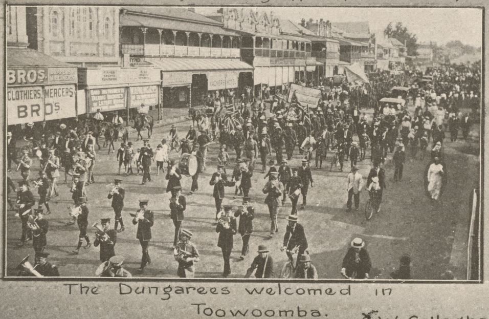 "The Dungarees welcomed in Toowoomba". John Oxley Library, State Library of Queensland. Image 702692-19151127-0021