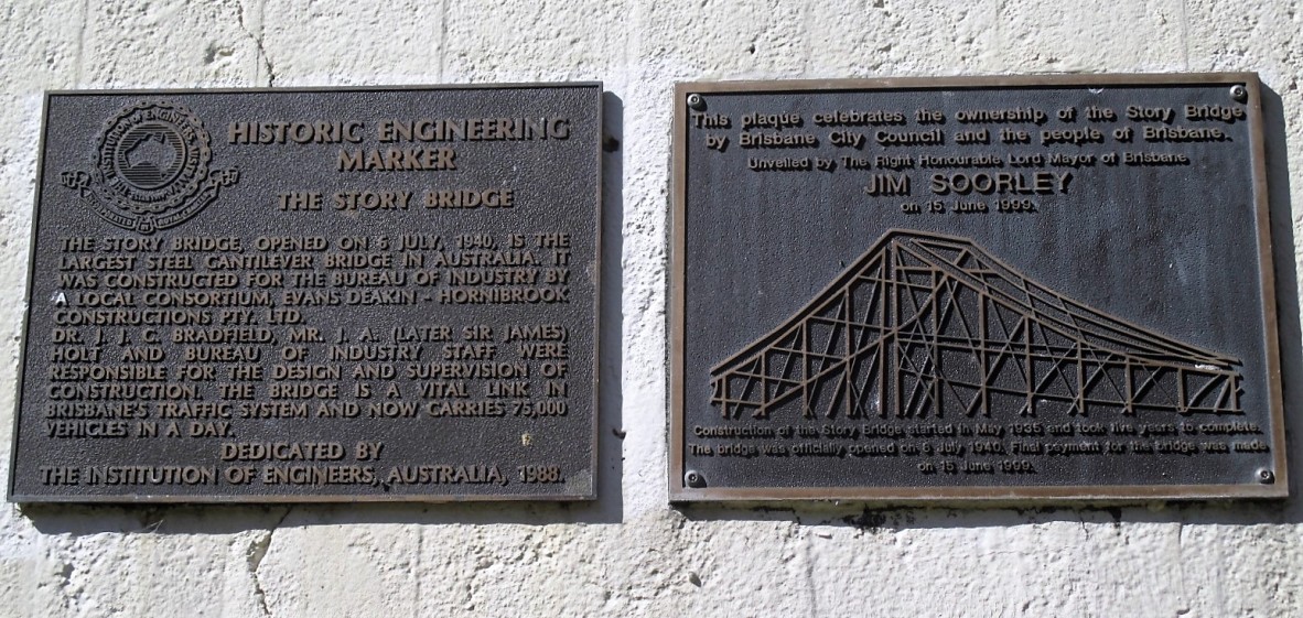 Historic engineering heritage marker on southern pylon of Story bridge