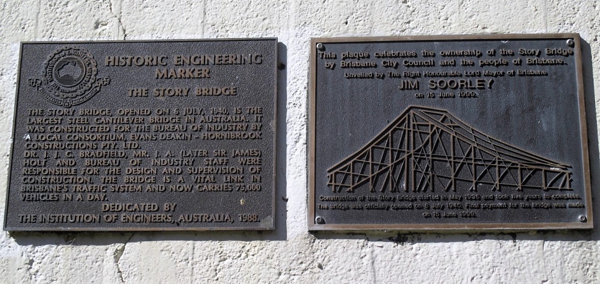 Historic engineering heritage marker on southern pylon of Story bridge