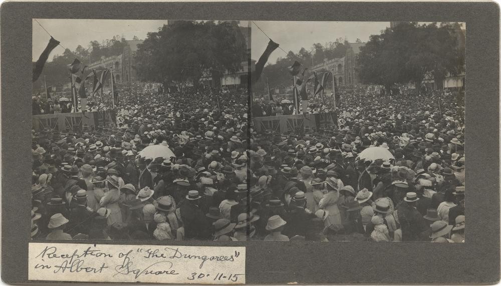 Reception for The Dungarees in Albert Square, Brisbane 1915. John Oxley Library, State Library of Queensland. Image 7729-0001-0018
